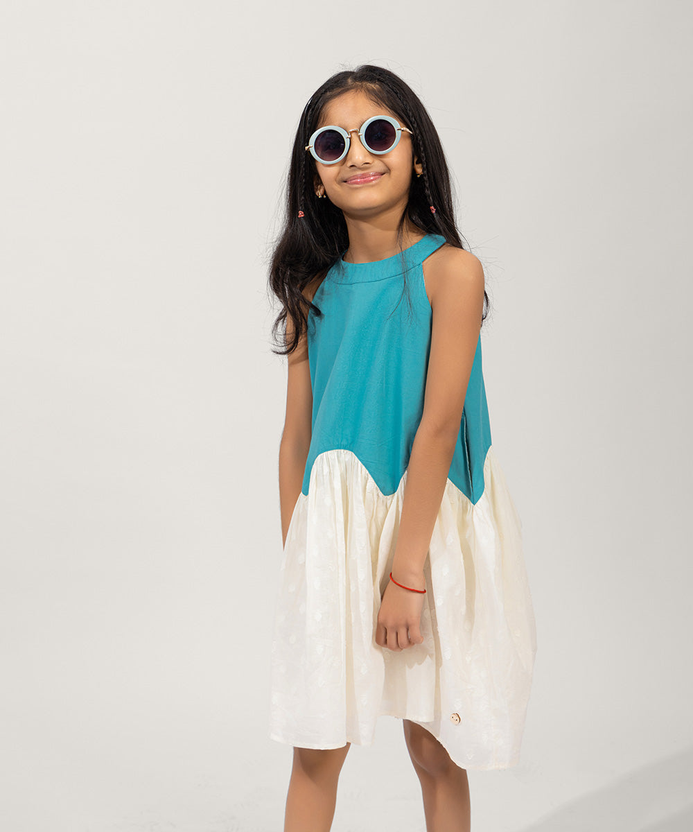 Ocean Wave Girls Dress - Dusty Turquoise & Marshmallow