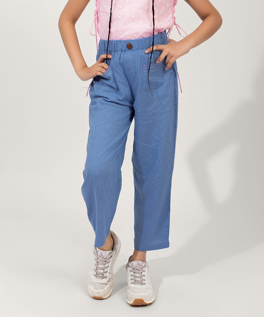 Happy Thread Linen Girls Pants - Light Blue