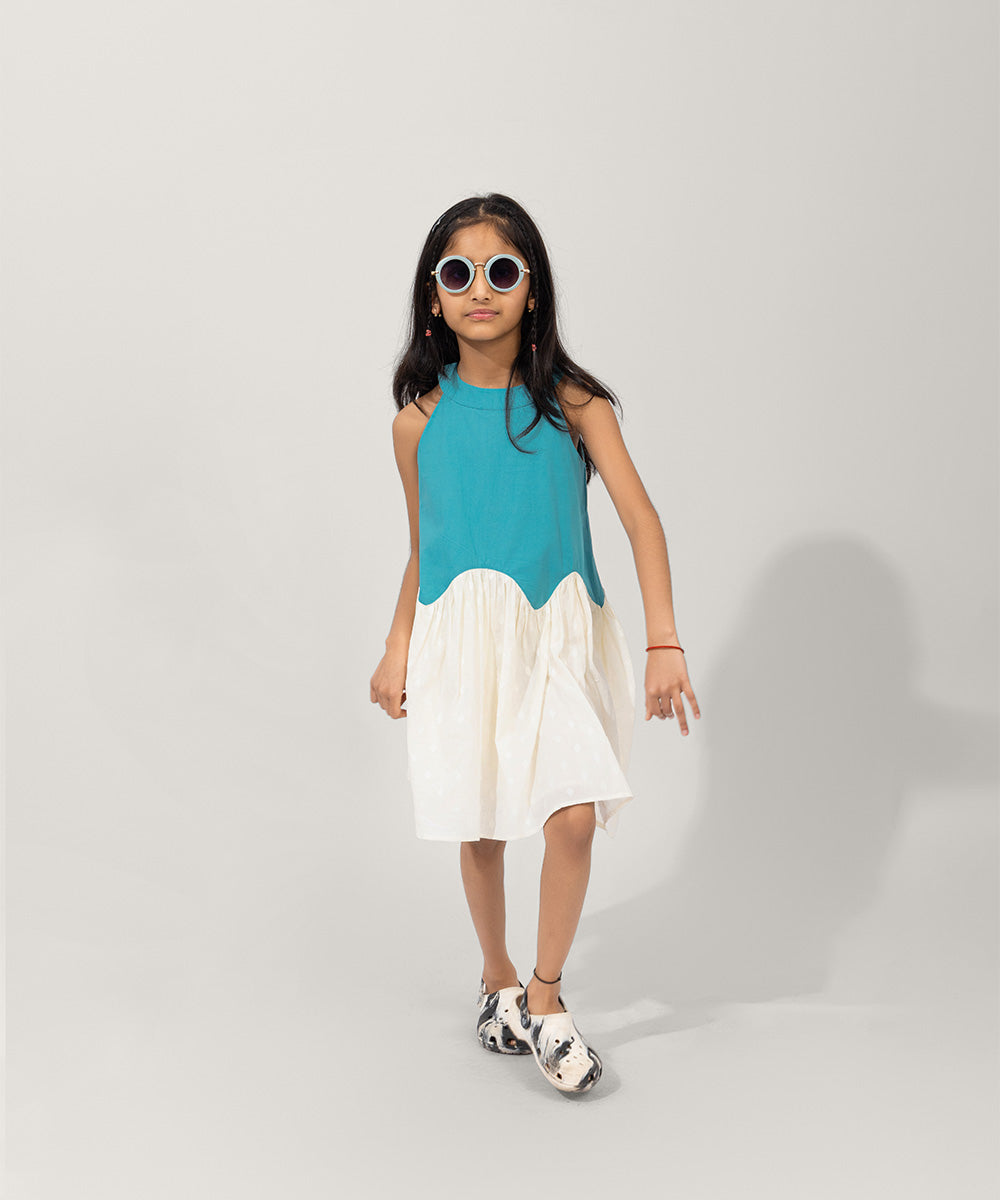 Ocean Wave Girls Dress - Dusty Turquoise & Marshmallow