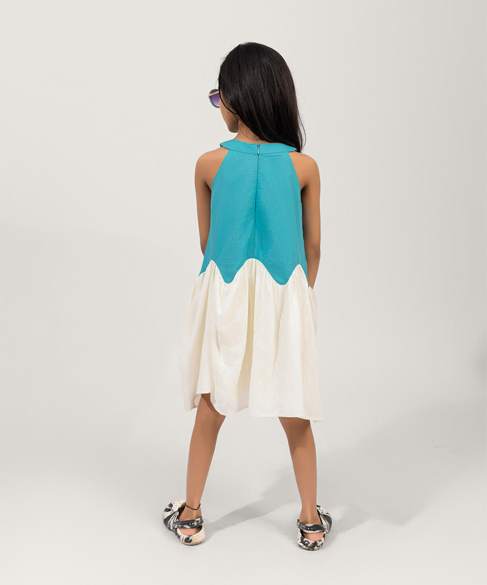 Ocean Wave Girls Dress - Dusty Turquoise & Marshmallow