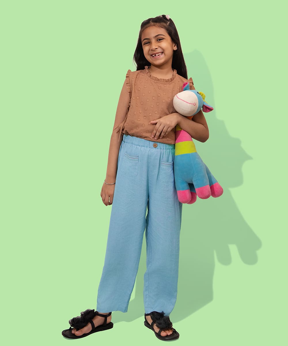 Happy Thread Linen Girls Pants - Dusty Torquoise