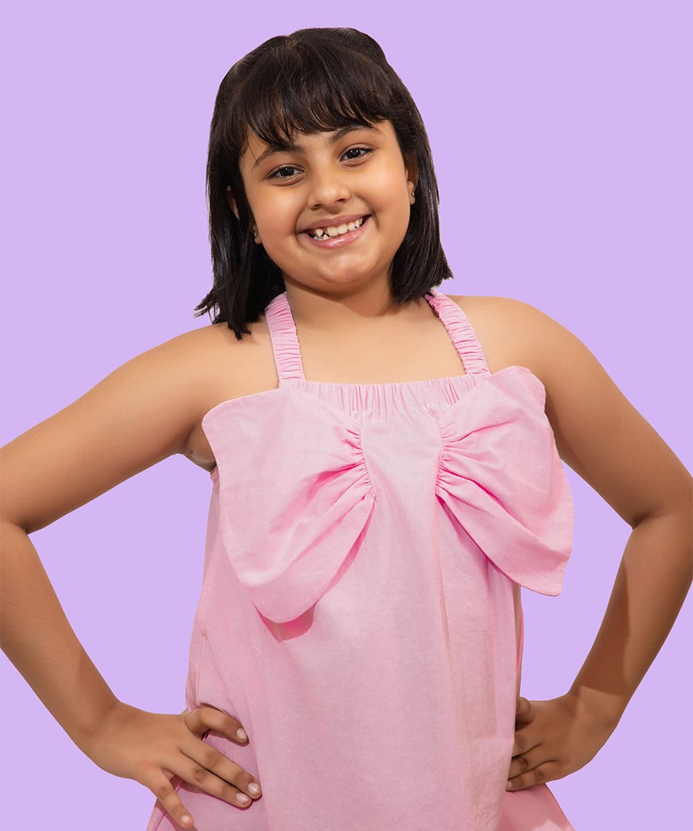 Candy Bow Girls Dress - Blush Pink