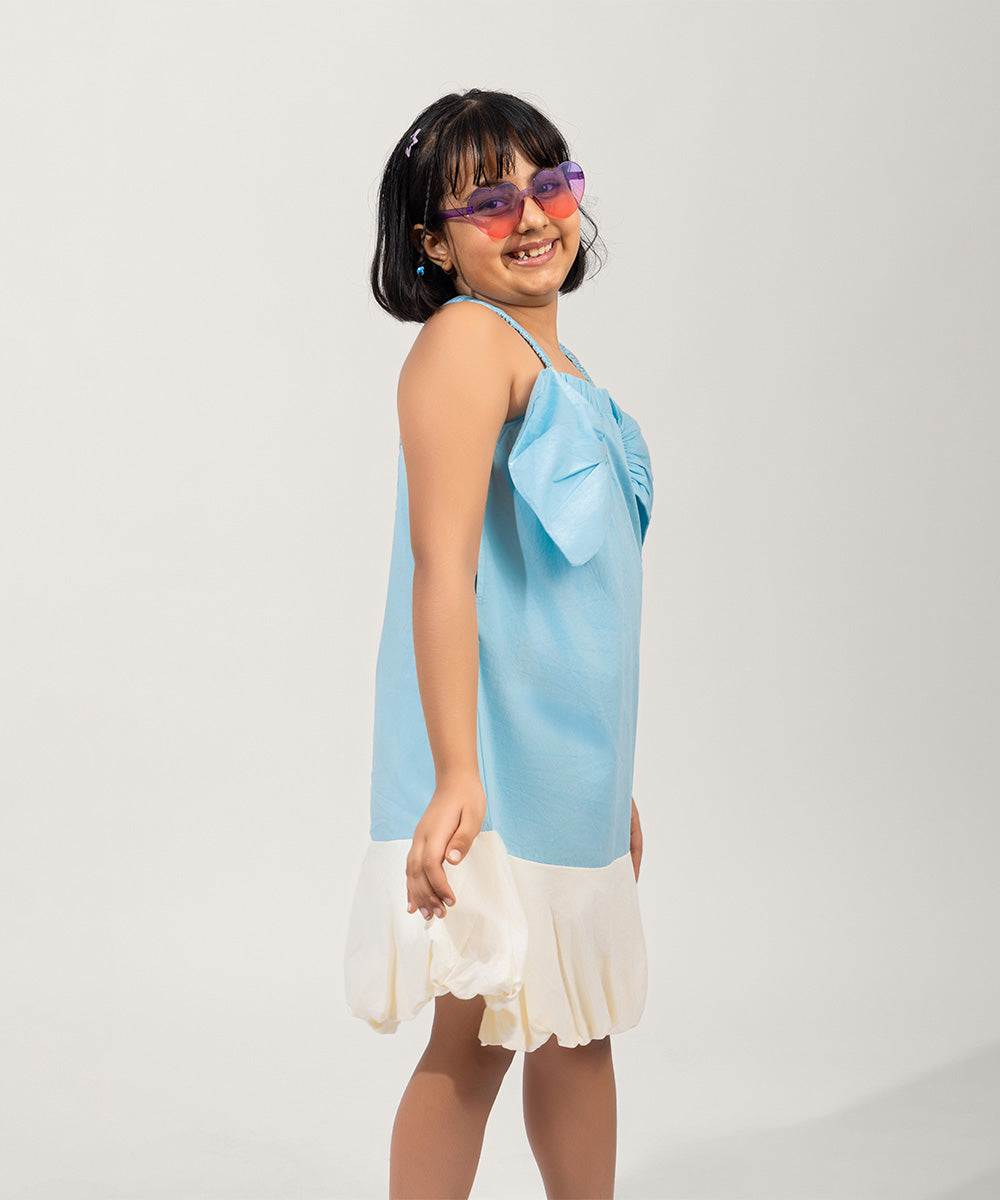Candy Bow Girls Dress - Serenity Blue