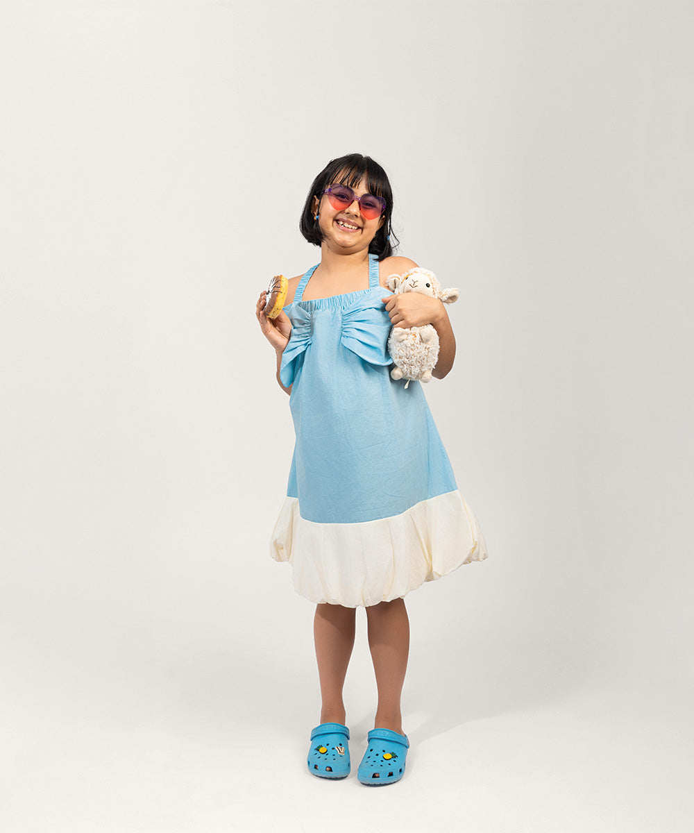 Candy Bow Girls Dress - Serenity Blue